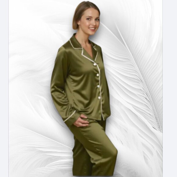 Other - Olive Green Satin Pajama Set with White Piping – Size L